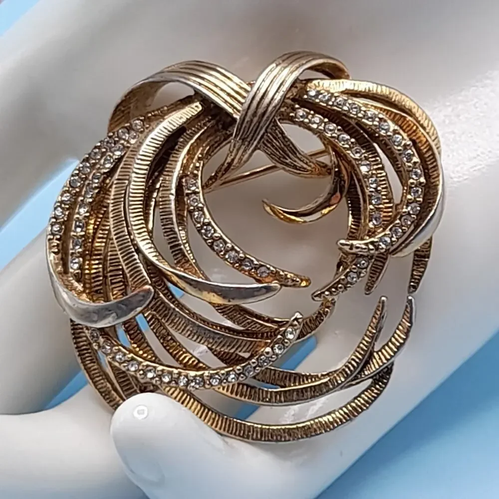 Vintage Monet Swirl Modern Design Brooch, Rhinestone Accents, 1 3/4 Inches